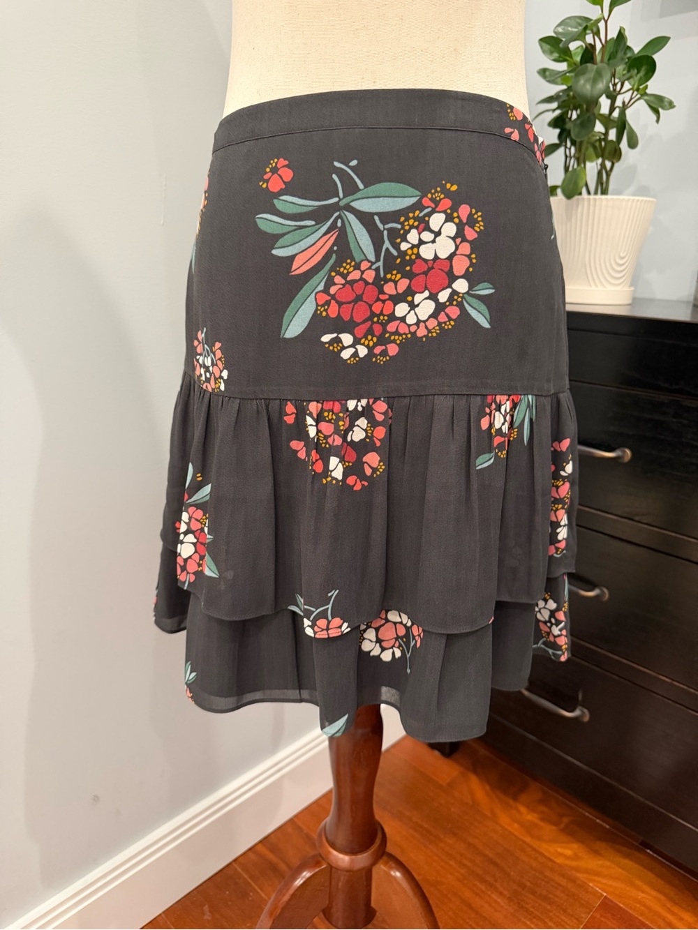 LOFT Black Floral Tiered Skirt with Coral and Green Accents